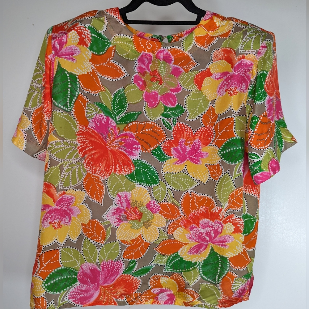 Vintage Silk Blouse M Jack Mulqueen Floral Shoulder Pads